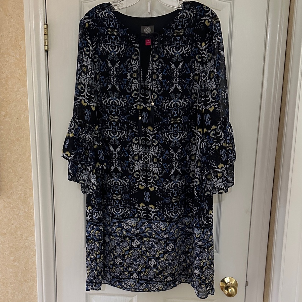 Vince Camuto Blue and Yellow Long Sleeve Dress